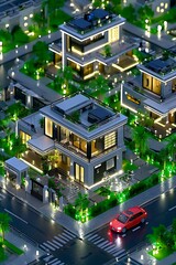 Modern residential neighborhood at night