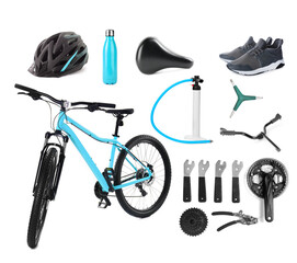 Bicycle, its parts and accessories on white background, collage