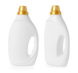 Fabric softener in bottle isolated on white, collage