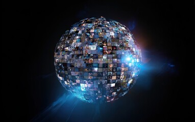 Obraz premium A globe-shaped sphere constructed from numerous video screens, emitting blue light against a dark background.