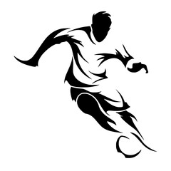 a black silhouette of a soccer player running with a soccer ball abstract, ball, black, illustration, kick, run, run with, silhouette, soccer ball, soccer player 