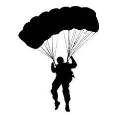 a black silhouette of a person with a parachute on a white background black, man, parachute, person, silhouette 