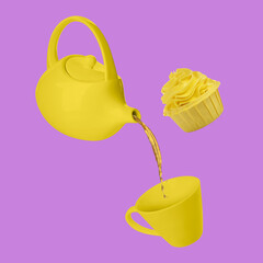 Pouring tea from yellow teapot into cup and cupcake against violet background