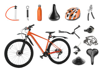 Bicycle, its parts and accessories on white background, collage