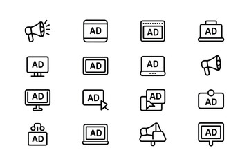 Black and White Advertising Icon Set Digital Marketing Campaign Promotion Media Laptop Computer Screen Megaphone