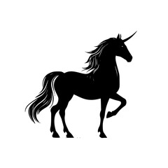 Obraz premium a black silhouette of a horse with long mane and horn black, horn, horse, leg, long, mane, silhouette, stand, unicorn , Generative art.