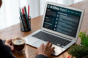 AI ethics responsibility standard law and rules on computer screen provide report of AI ethic...