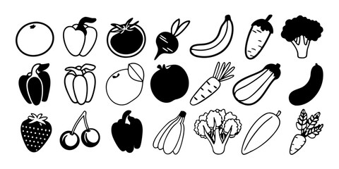 Collection of Minimalist Line Art Illustrations of Various Fruits, Including Apples, Bananas, Avocados, and Cherries.