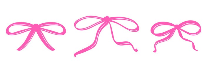 Set of Pink Coquette Bows in Different Styles. A Charming Collection of Feminine Hand-Drawn Ribbons with Playful Curves