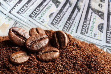 Rising coffee price. Roasted beans and dollar bills, double exposure