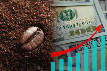 Rising coffee price. Roasted bean, grounds, graph, red arrow and dollar bills, double exposure