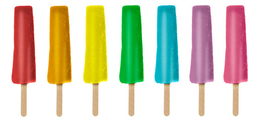 Yummy bright ice creams in rainbow colors on white background, set