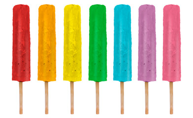 Yummy bright ice creams in rainbow colors on white background, set