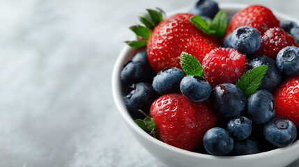 Fresh strawberries, blueberries and raspberries with mint leaves in a white bowl on a light background. Healthy breakfast or snack. Fresh and vibrant.
