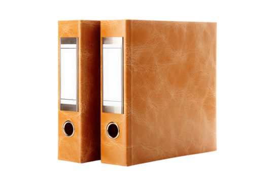 Two brown file folders standing upright. Office supplies, organization concept.