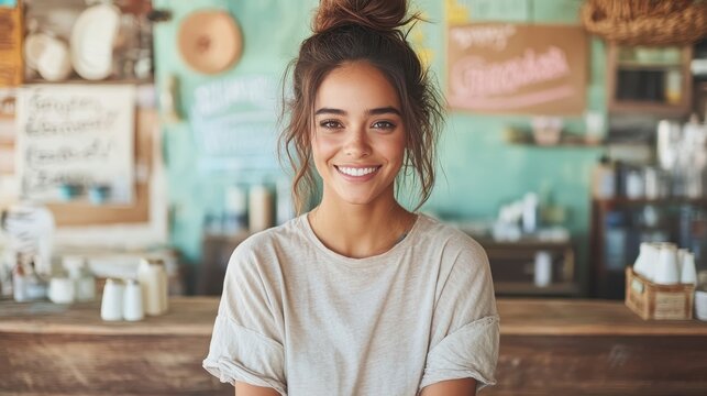 A cheerful barista in a trendy cafe creates a warm atmosphere that invites customers to enjoy social interactions over delicious coffee and pastries.