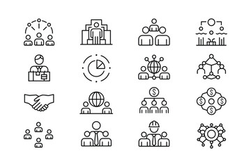 Black and White Line Art Icon Set Business Teamwork Global Network Collaboration Management