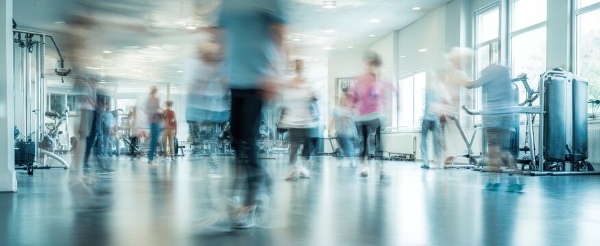 The lively gym environment filled with energetic people engaged in various activities. - Powered by Adobe