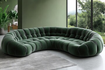 Green velvet sectional couch with button tufting, indoor plants, and big windows. Show luxury home design and interior decorating ideas for inspiration.