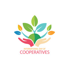 Colorful illustration celebrating the international day of cooperatives with hands and plants symbol