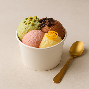 Coppetta di gelato artigianale con pistacchio, cioccolato e limone &ndash; fotografia editoriale pulita