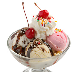Delicious ice cream sundae with cherries and whipped cream isolated on transparent background