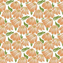 Seamless floral pattern featuring hand-drawn orange coneflower-style blossoms with green leaves on a white background in a stylized retro botanical design
