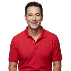Obraz premium Smiling Middle-Aged Man Wearing a Red Polo Shirt on Isolated Background