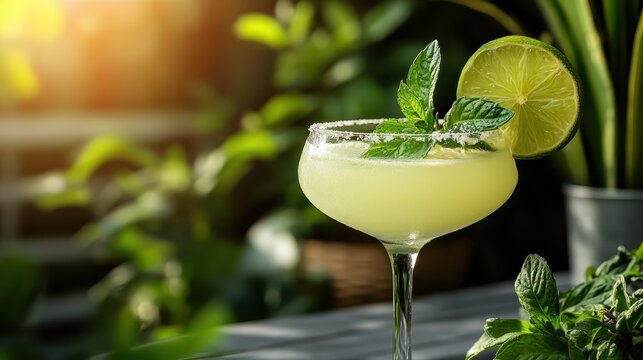 A frosty lime margarita cocktail garnished with fresh mint leaves sits in a clear glass, set against a lush green background ideal for summer refreshment.