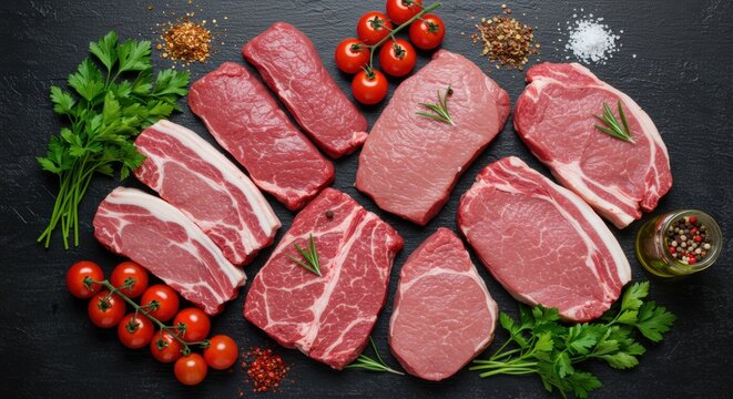 Assortment of raw beef and pork steaks with fresh herbs and tomatoes, ready for grilling. - Powered by Adobe