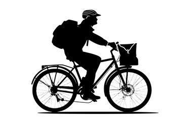 Obraz premium a black silhouette of a man in a helmet riding a bicycle with a backpack and a bag backpack, bag, bicycle, bike, black, cyclist, helmet, man, person, ride, silhouette , Generative art.