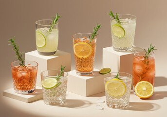 Fototapeta premium Vibrant cocktails with citrus slices and rosemary sprigs, perfect for summer enjoyment.