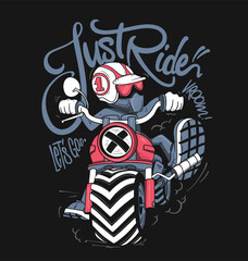 Cartoon Biker on Custom Motorcycle Just Ride Slogan