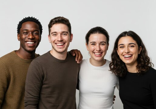 Four diverse friends share a joyful moment, smiling brightly for the camera.