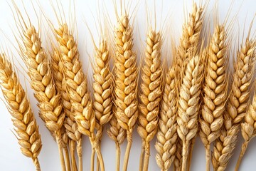 Dry golden wheat stalks are arranged neatly on a clean white background. It is perfect for farm, harvest, food, or agriculture related designs.