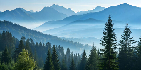 Obraz premium Snow-capped peaks pierce the morning sky, a foggy mountain landscape.