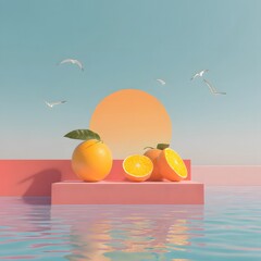 Surreal summer scene with whole and sliced oranges on a pink platform above reflective water, set against a soft pastel sky with flying seagulls and a stylized sunset.