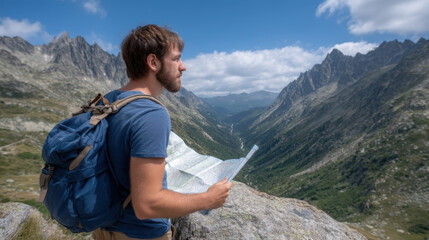 Naklejka premium A man with a backpack studies a map while standing on a rock, overlooking a vast mountainous valley under a partly cloudy sky.