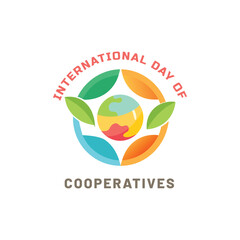 Colorful illustration celebrates international day of cooperatives with globe and abstract design.