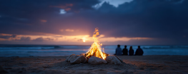 A small bonfire burns brightly on a beach at dusk with four people sitting and watching the ocean under a cloudy sky.