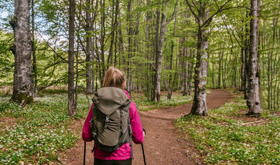 Active Woman with Backpack Hiking on Forest Trail