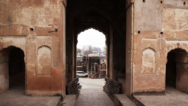 An inside view with arches of Orchha Fort, Orchha, Madhya Pradesh, India