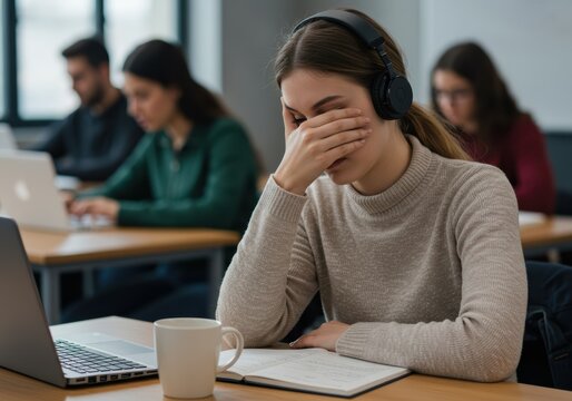 A student is overwhelmed by the pressure of studying in a busy classroom.