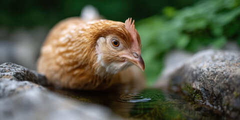 A close-up of a brown chicken drinking water from a natural stone water source surrounded by greenery.