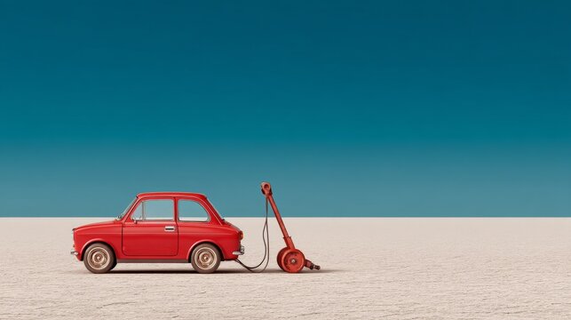Fototapeta Vintage car refueling adventure in a desert landscape minimalist art style creative photography