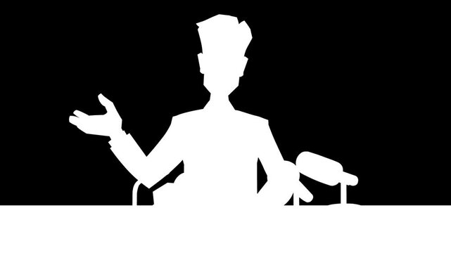 News Reporter Man - Loop Animated  Cartoon . A color vector illustration of a man sitting at a table in front of a microphone and speaking to an audience