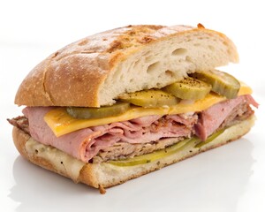 Bitten cuban pork sandwich realistic view clean white background