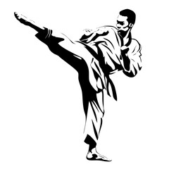 Fototapeta premium a black and white drawing of a silhouette of a man kicking his leg art, black, drawing, illustration, kick, leg, man, martial, silhouette , Generative art.