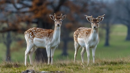 Two Young Fallow Deer Standing in a Grassy Field with Woodland Backdrop