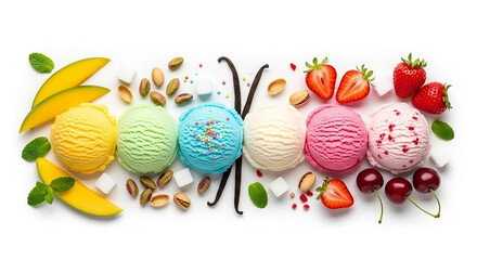 A colorful arrangement of five ice cream scoops with fresh fruits, mint leaves, vanilla pods, and pistachios—capturing the essence of summer in a vibrant, sweet display.